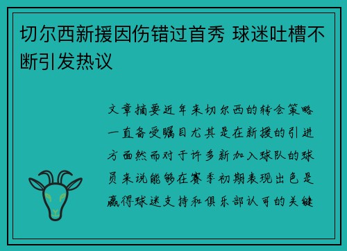 切尔西新援因伤错过首秀 球迷吐槽不断引发热议