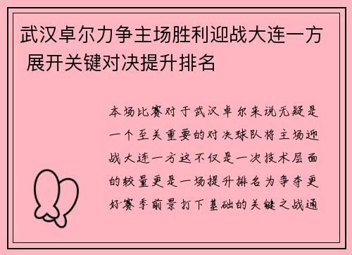 武汉卓尔力争主场胜利迎战大连一方 展开关键对决提升排名