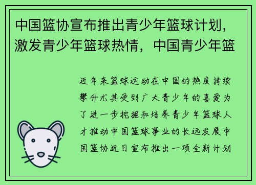 中国篮协宣布推出青少年篮球计划，激发青少年篮球热情，中国青少年篮球发展现状