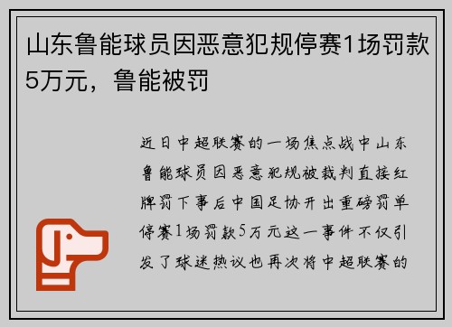 山东鲁能球员因恶意犯规停赛1场罚款5万元，鲁能被罚