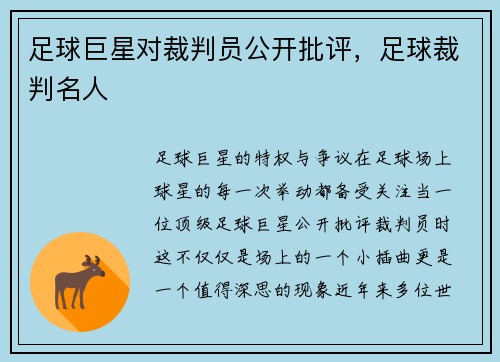足球巨星对裁判员公开批评，足球裁判名人