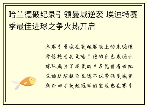哈兰德破纪录引领曼城逆袭 埃迪特赛季最佳进球之争火热开启