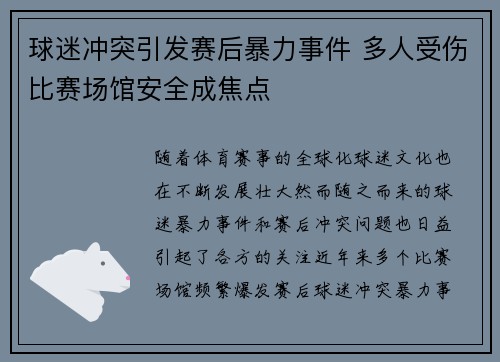 球迷冲突引发赛后暴力事件 多人受伤比赛场馆安全成焦点