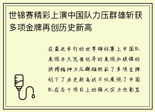 世锦赛精彩上演中国队力压群雄斩获多项金牌再创历史新高
