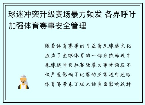 球迷冲突升级赛场暴力频发 各界呼吁加强体育赛事安全管理