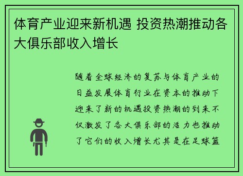 体育产业迎来新机遇 投资热潮推动各大俱乐部收入增长